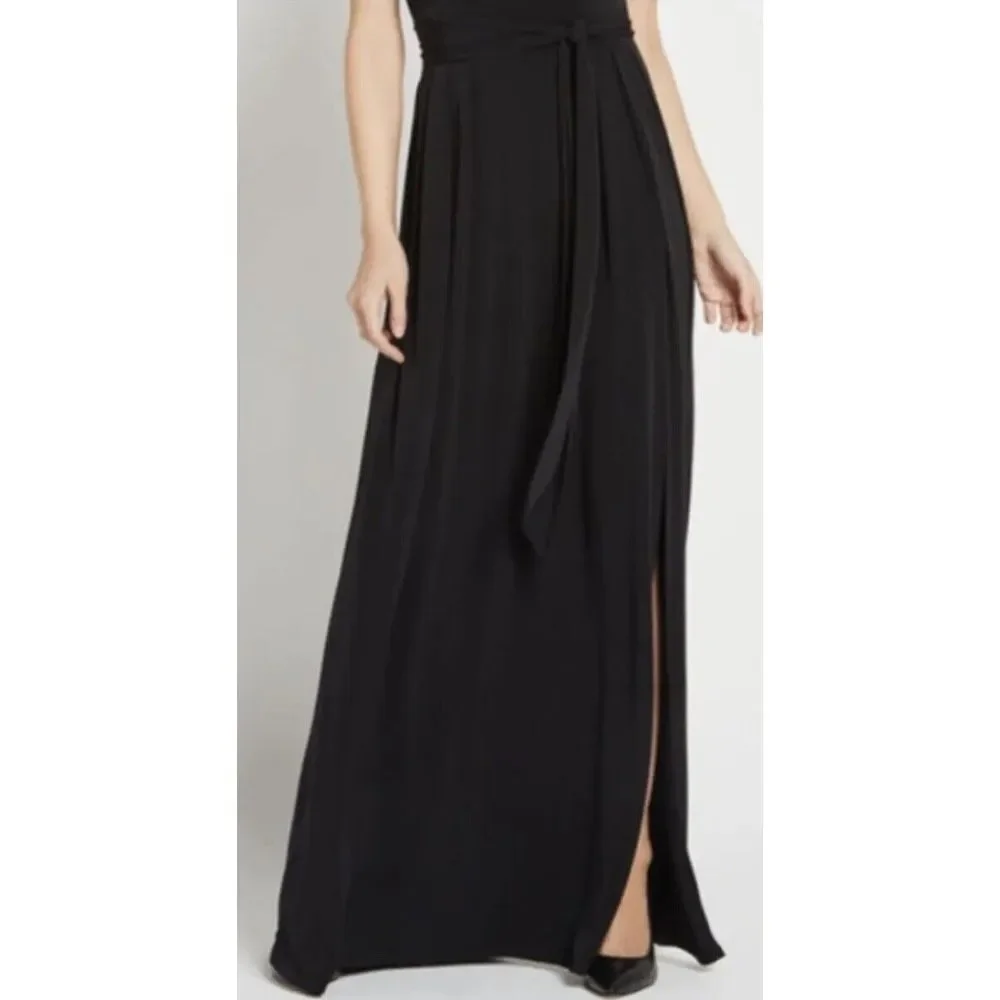 BCBGeneration V Neck Belted Black Maxi‎ Dress XS Front Slit Open Back 58